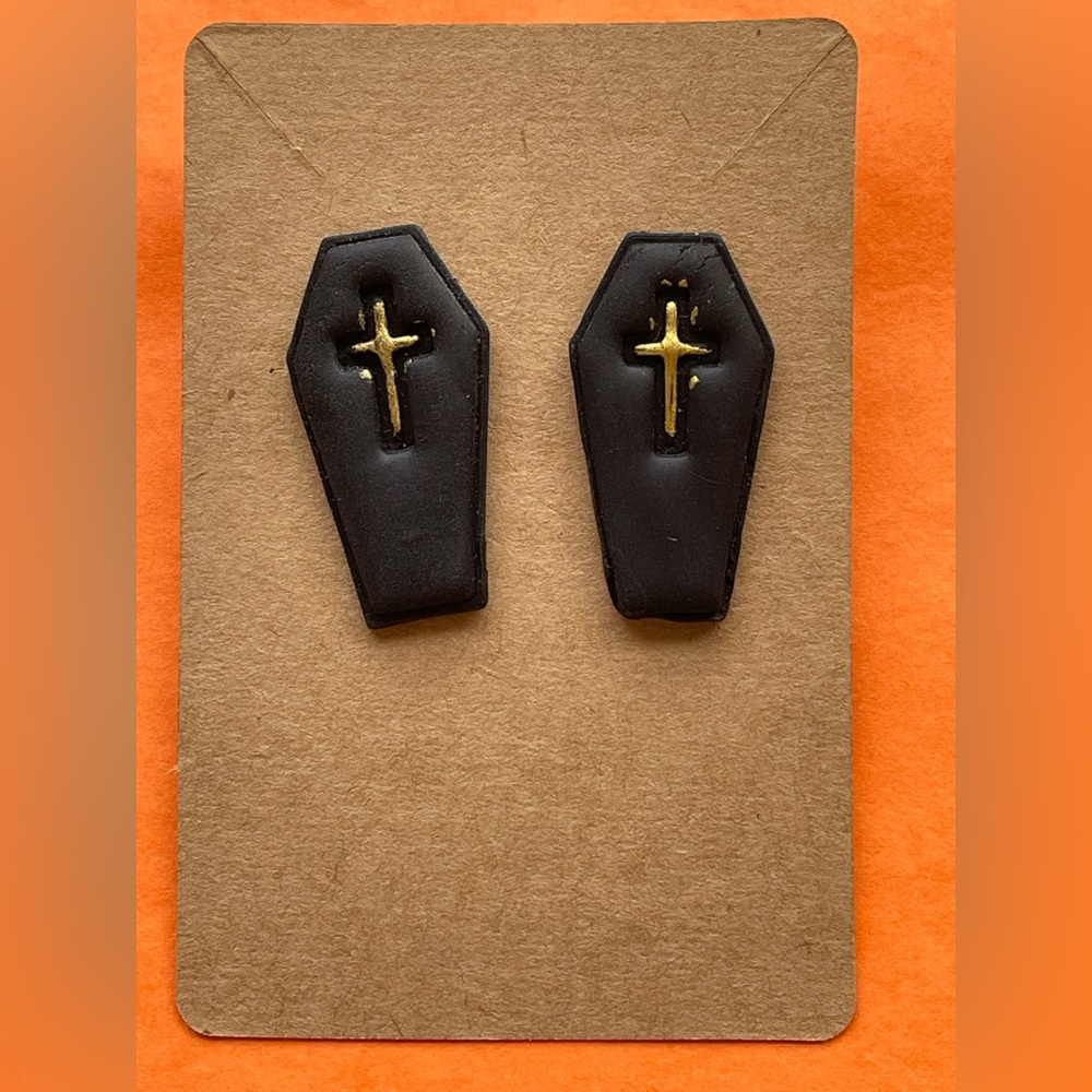 Handmade Clay Coffin Halloween Stud Earrings